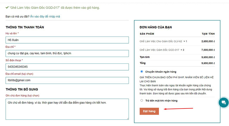 điền đầy đủ thông tin và đặt hàng